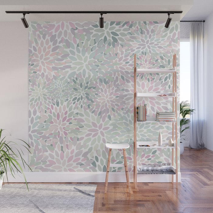 Festive, Floral Prints, Pink and Green, Modern Print Art Wall Mural Gallery Image 1
