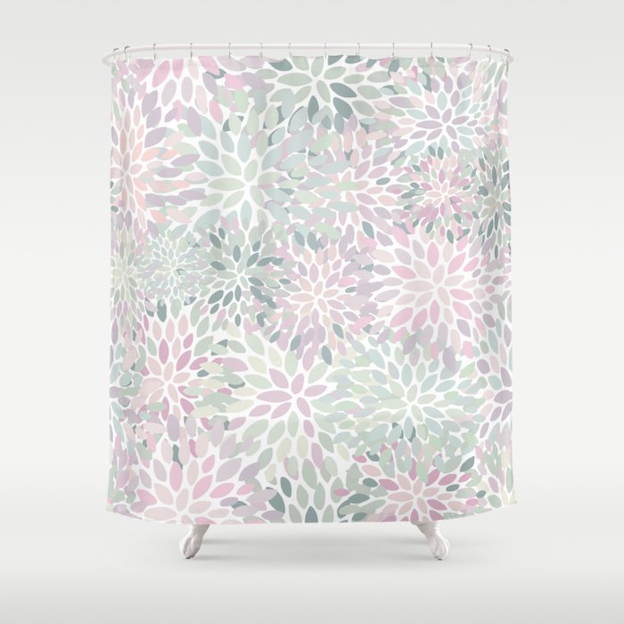 Festive, Floral Prints, Pink and Green, Modern Print Art Shower Curtain Gallery Image 1