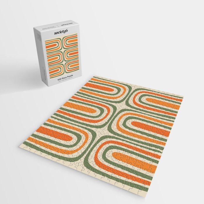 Retro Abstract Boho Confaab Vertical Pattern in Mossy Olive Green Orange Beige Jigsaw Puzzle Gallery Image 2