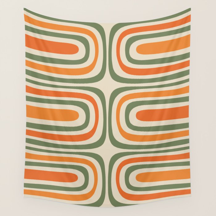 Retro Abstract Boho Confaab Vertical Pattern in Mossy Olive Green Orange Beige Wall Tapestry Gallery Image 4