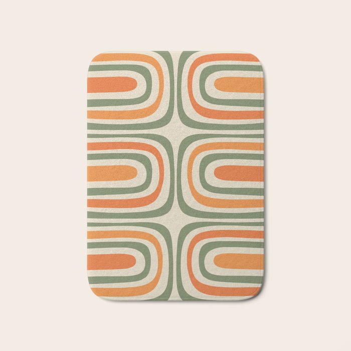 Retro Abstract Boho Confaab Vertical Pattern in Mossy Olive Green Orange Beige Bath Mat Gallery Image 1