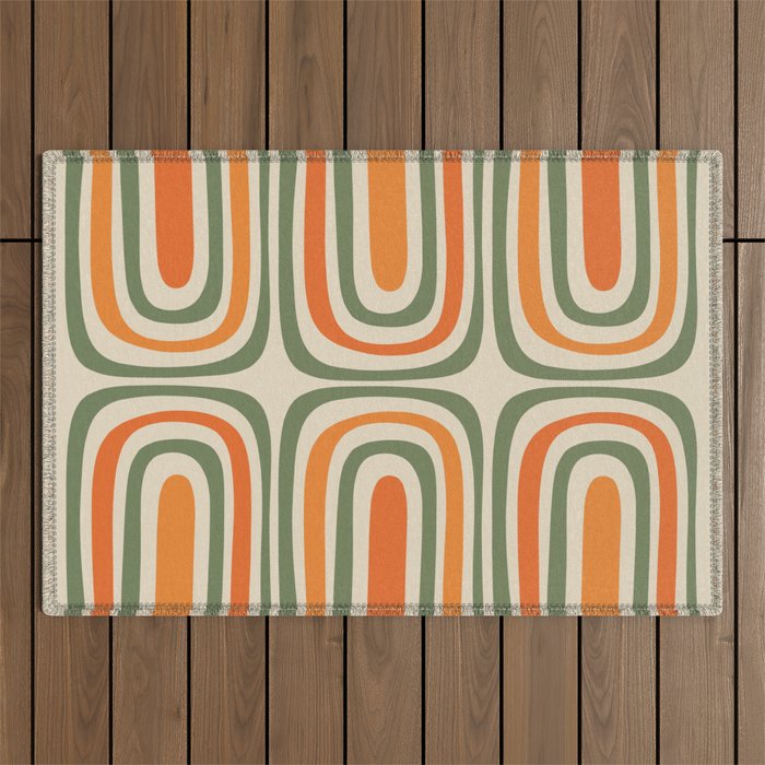 Retro Abstract Boho Confaab Vertical Pattern in Mossy Olive Green Orange Beige Outdoor Rug Gallery Image 1