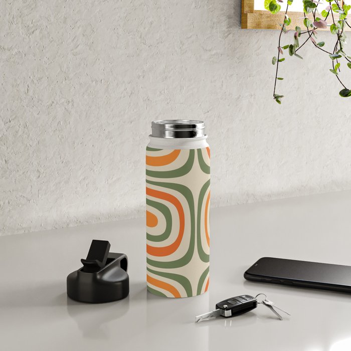 Retro Abstract Boho Confaab Vertical Pattern in Mossy Olive Green Orange Beige Water Bottle Gallery Image 4