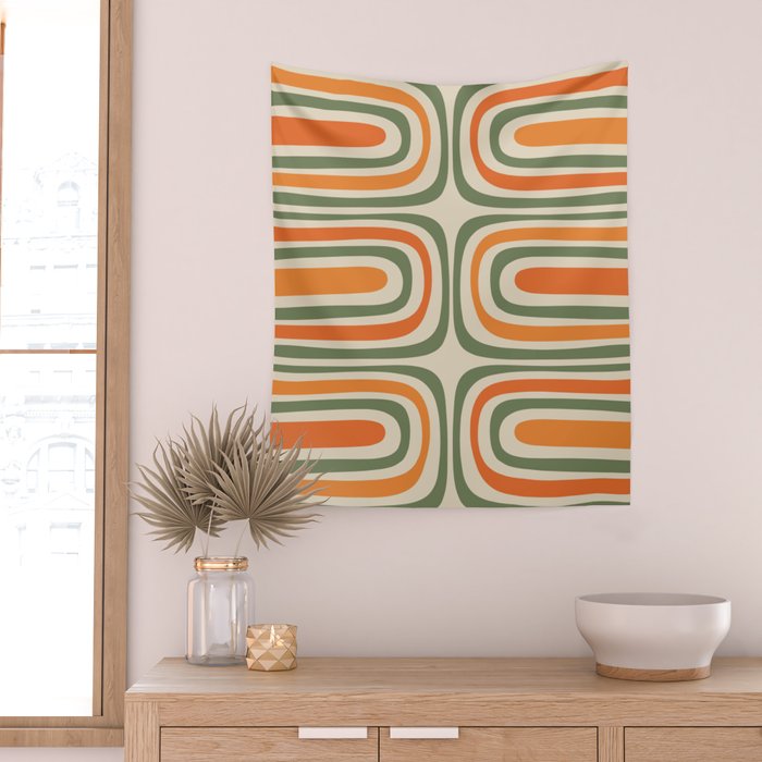 Retro Abstract Boho Confaab Vertical Pattern in Mossy Olive Green Orange Beige Wall Tapestry Gallery Image 2