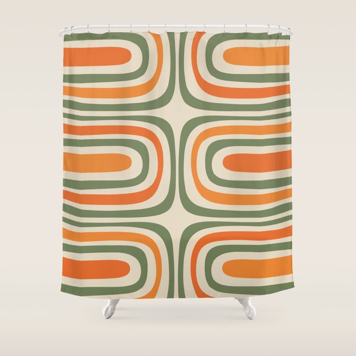 Retro Abstract Boho Confaab Vertical Pattern in Mossy Olive Green Orange Beige Shower Curtain Gallery Image 1