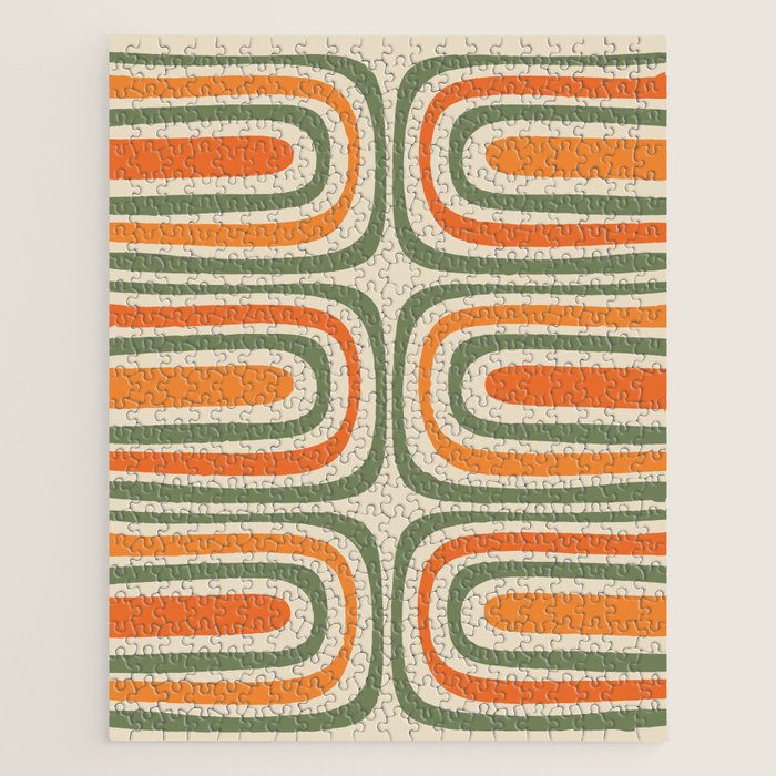 Retro Abstract Boho Confaab Vertical Pattern in Mossy Olive Green Orange Beige Jigsaw Puzzle Gallery Image 1