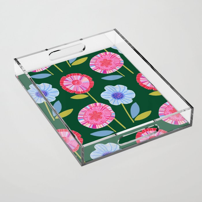 Folky Flowers in Bloom in Green & Pink Acrylic Tray Gallery Image 1