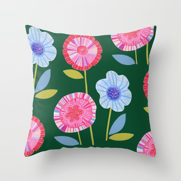 Folky Flowers in Bloom in Green & Pink Throw Pillow Gallery Image 1