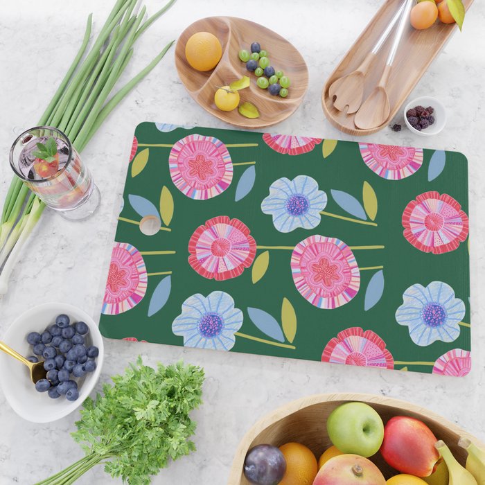 Folky Flowers in Bloom in Green & Pink Cutting Board Gallery Image 2