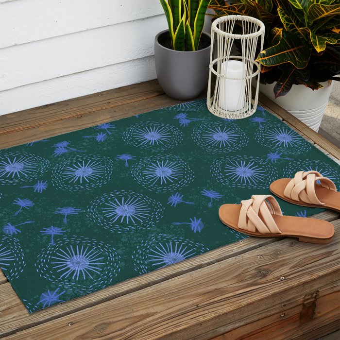 Make A Wish Dandelion Pattern in Forest Green & Blue Outdoor Rug Gallery Image 2