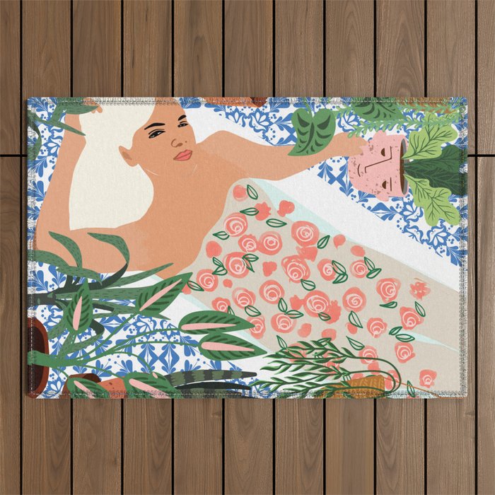 Moroccan Bath With Plants #botanical #illustration Outdoor Rug Gallery Image 1