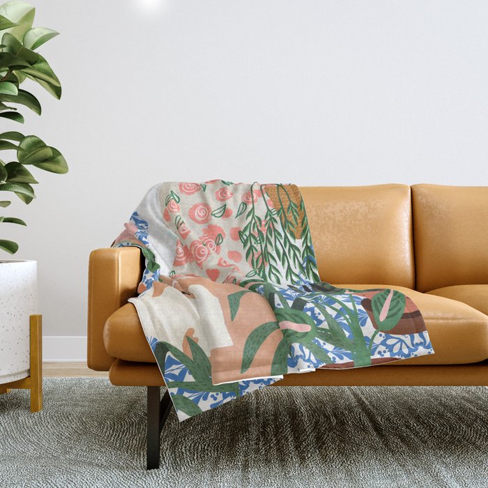 Moroccan Bath With Plants #botanical #illustration Throw Blanket Gallery Image 1