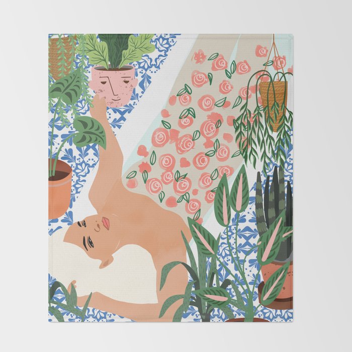 Moroccan Bath With Plants #botanical #illustration Throw Blanket Gallery Image 2