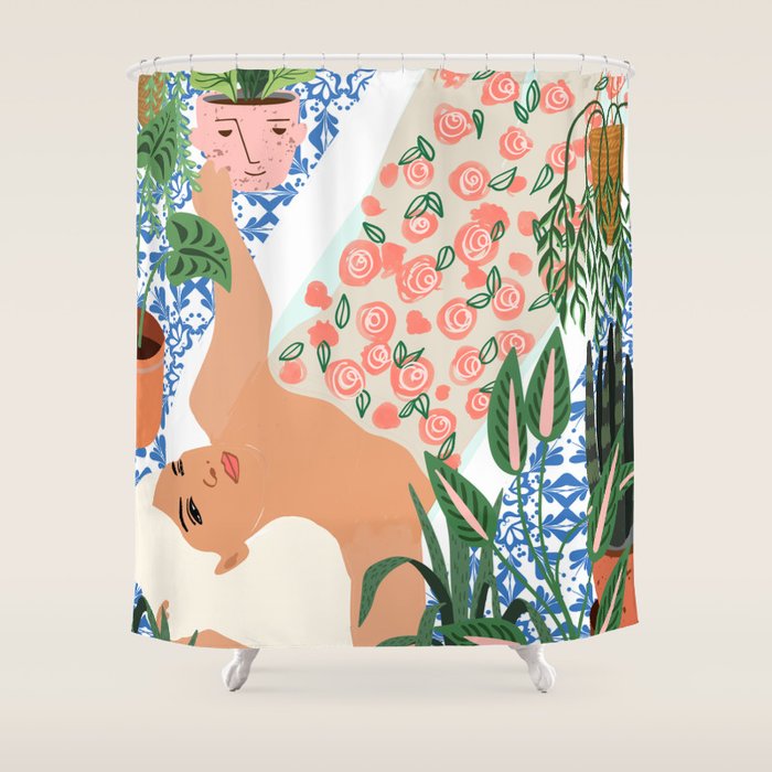 Moroccan Bath With Plants #botanical #illustration Shower Curtain Gallery Image 1