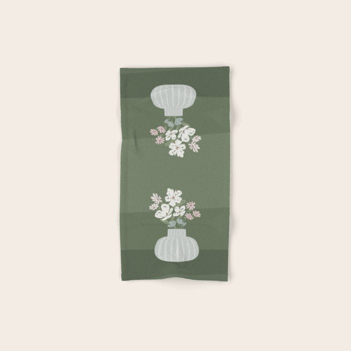 Wildflower bouquet in vase illustration - muted pink, beige and sage green flowers  Bath Towel Gallery Image 1