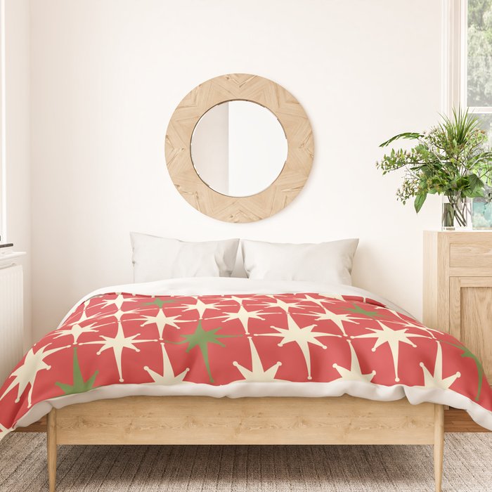Atomic Age Christmas Starbursts - Midcentury Modern Xmas Holiday Pattern Cream Green Red Duvet Cover Gallery Image 3
