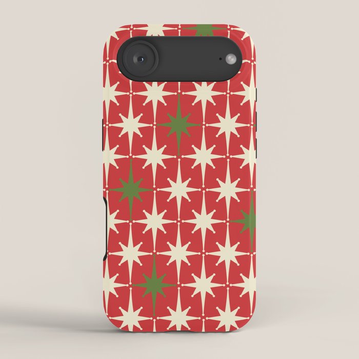 Atomic Age Christmas Starbursts - Midcentury Modern Xmas Holiday Pattern Cream Green Red iPhone Case Gallery Image 2