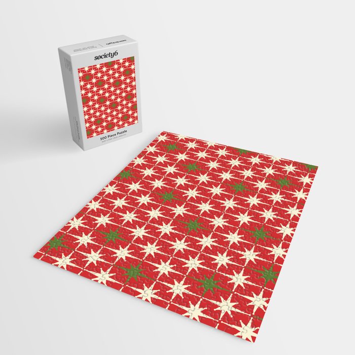 Atomic Age Christmas Starbursts - Midcentury Modern Xmas Holiday Pattern Cream Green Red Jigsaw Puzzle Gallery Image 2