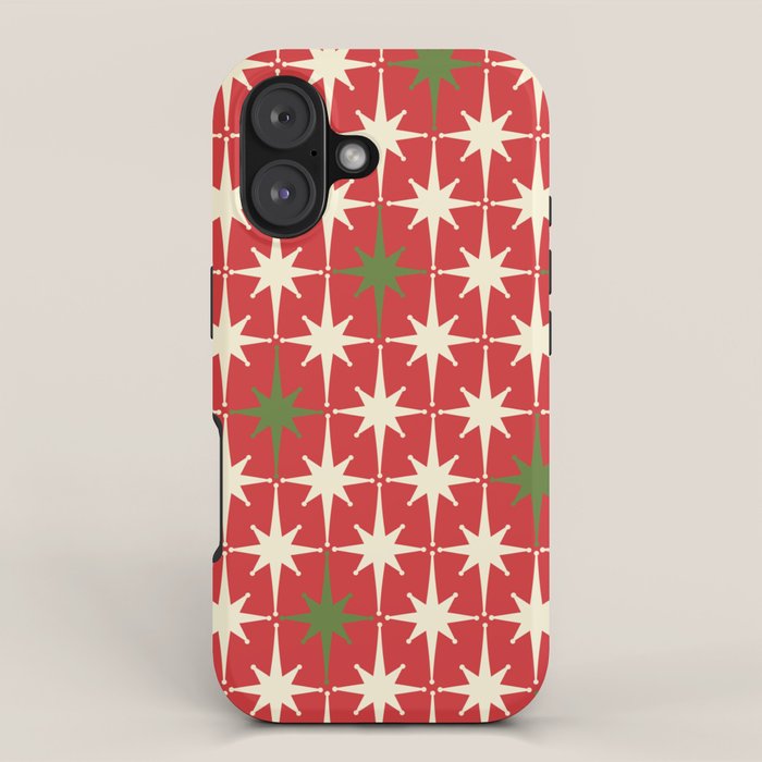 Atomic Age Christmas Starbursts - Midcentury Modern Xmas Holiday Pattern Cream Green Red iPhone Case Gallery Image 1
