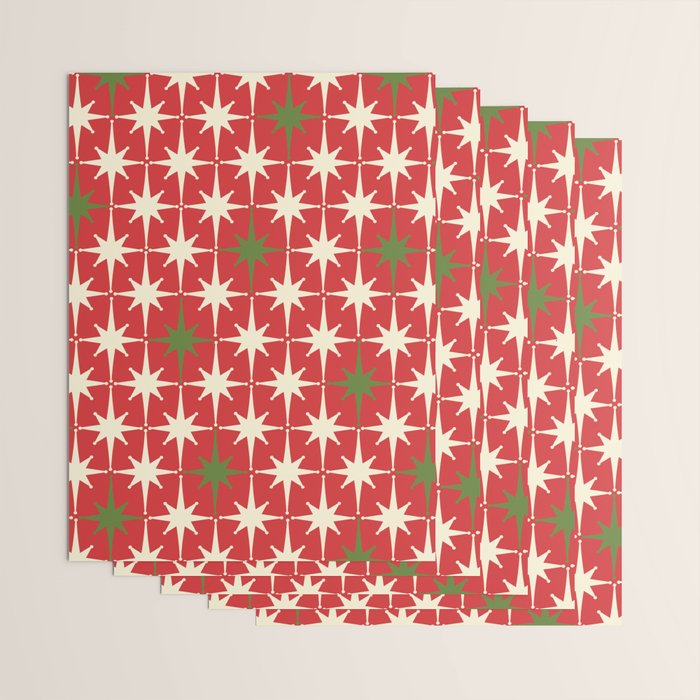 Atomic Age Christmas Starbursts - Midcentury Modern Xmas Holiday Pattern Cream Green Red Wrapping Paper Gallery Image 3