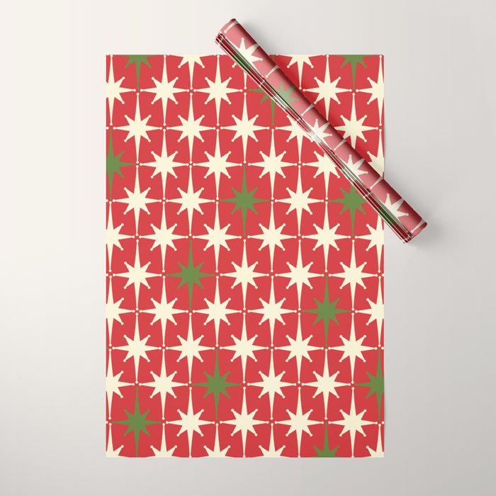 Atomic Age Christmas Starbursts - Midcentury Modern Xmas Holiday Pattern Cream Green Red Wrapping Paper Gallery Image 1