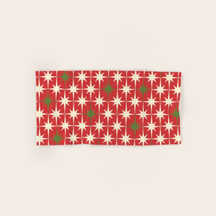Atomic Age Christmas Starbursts - Midcentury Modern Xmas Holiday Pattern Cream Green Red Bath Towel Gallery Image 1