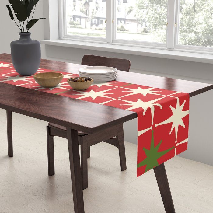 Atomic Age Christmas Starbursts - Midcentury Modern Xmas Holiday Pattern Cream Green Red Table Runner Gallery Image 2