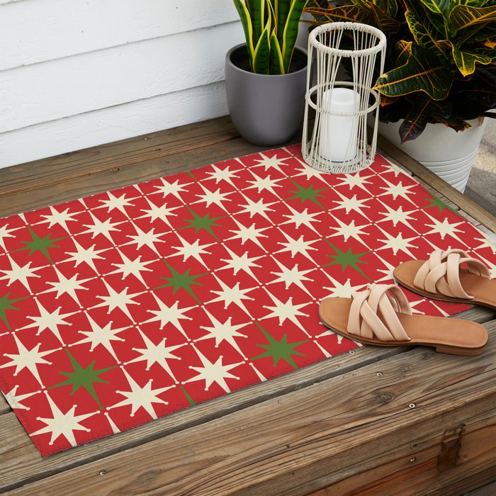 Atomic Age Christmas Starbursts - Midcentury Modern Xmas Holiday Pattern Cream Green Red Outdoor Rug Gallery Image 2