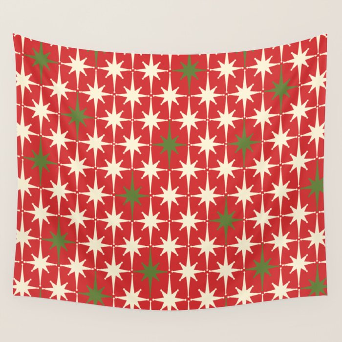 Atomic Age Christmas Starbursts - Midcentury Modern Xmas Holiday Pattern Cream Green Red Wall Tapestry Gallery Image 4