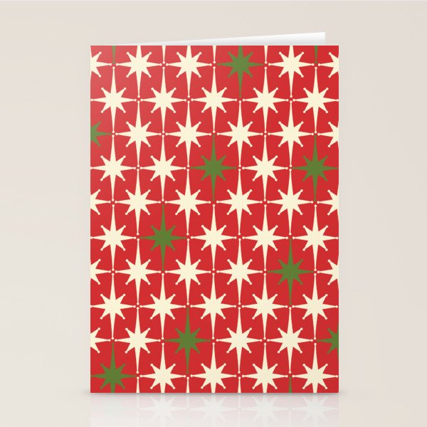 Atomic Age Christmas Starbursts - Midcentury Modern Xmas Holiday Pattern Cream Green Red Stationery Card Gallery Image 1