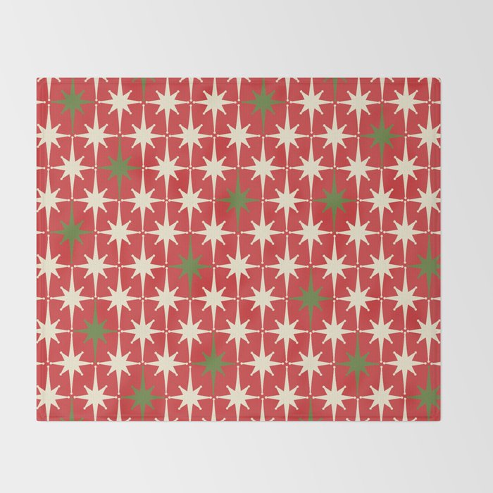 Atomic Age Christmas Starbursts - Midcentury Modern Xmas Holiday Pattern Cream Green Red Throw Blanket Gallery Image 2