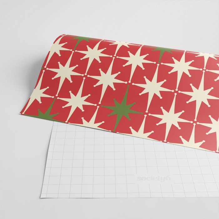 Atomic Age Christmas Starbursts - Midcentury Modern Xmas Holiday Pattern Cream Green Red Wrapping Paper Gallery Image 2