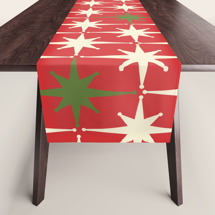 Atomic Age Christmas Starbursts - Midcentury Modern Xmas Holiday Pattern Cream Green Red Table Runner Gallery Image 1