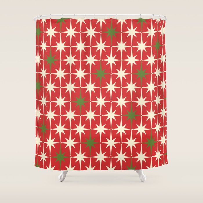 Atomic Age Christmas Starbursts - Midcentury Modern Xmas Holiday Pattern Cream Green Red Shower Curtain Gallery Image 1