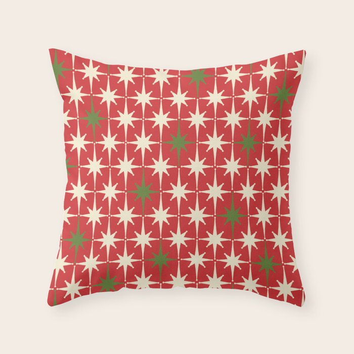 Atomic Age Christmas Starbursts - Midcentury Modern Xmas Holiday Pattern Cream Green Red Throw Pillow Gallery Image 1