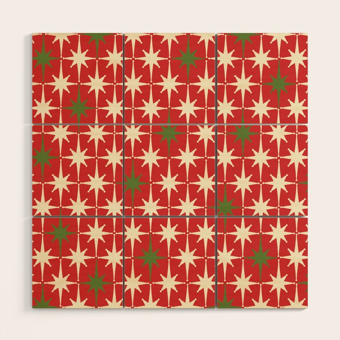 Atomic Age Christmas Starbursts - Midcentury Modern Xmas Holiday Pattern Cream Green Red Wood Wall Art Gallery Image 1