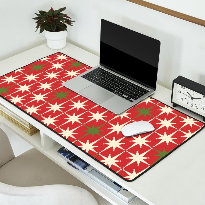 Atomic Age Christmas Starbursts - Midcentury Modern Xmas Holiday Pattern Cream Green Red Desk Mat Gallery Image 2