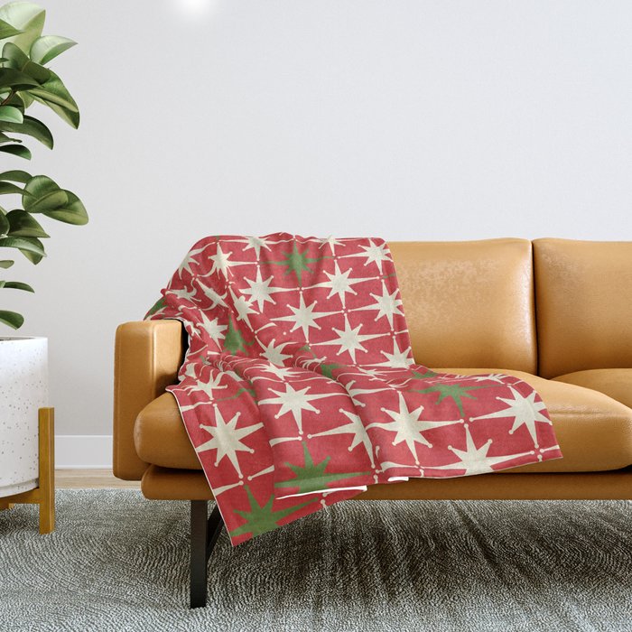 Atomic Age Christmas Starbursts - Midcentury Modern Xmas Holiday Pattern Cream Green Red Throw Blanket Gallery Image 1