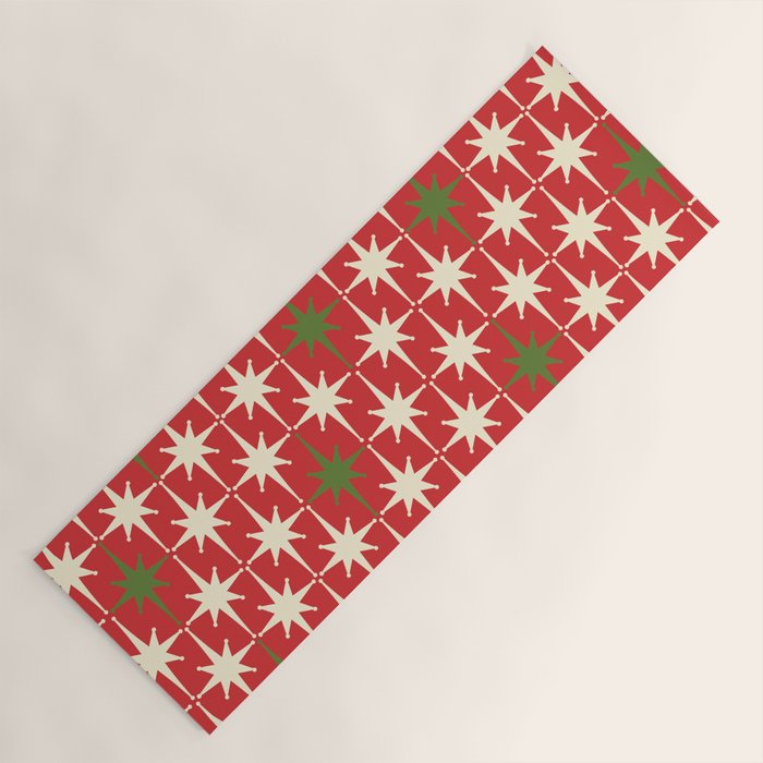 Atomic Age Christmas Starbursts - Midcentury Modern Xmas Holiday Pattern Cream Green Red Yoga Mat Gallery Image 1