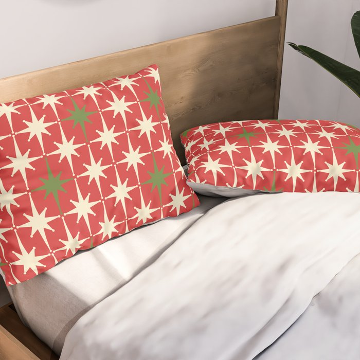 Atomic Age Christmas Starbursts - Midcentury Modern Xmas Holiday Pattern Cream Green Red Pillow Sham Gallery Image 2