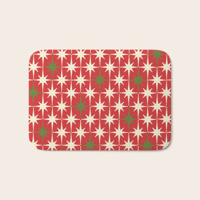 Atomic Age Christmas Starbursts - Midcentury Modern Xmas Holiday Pattern Cream Green Red Bath Mat Gallery Image 1