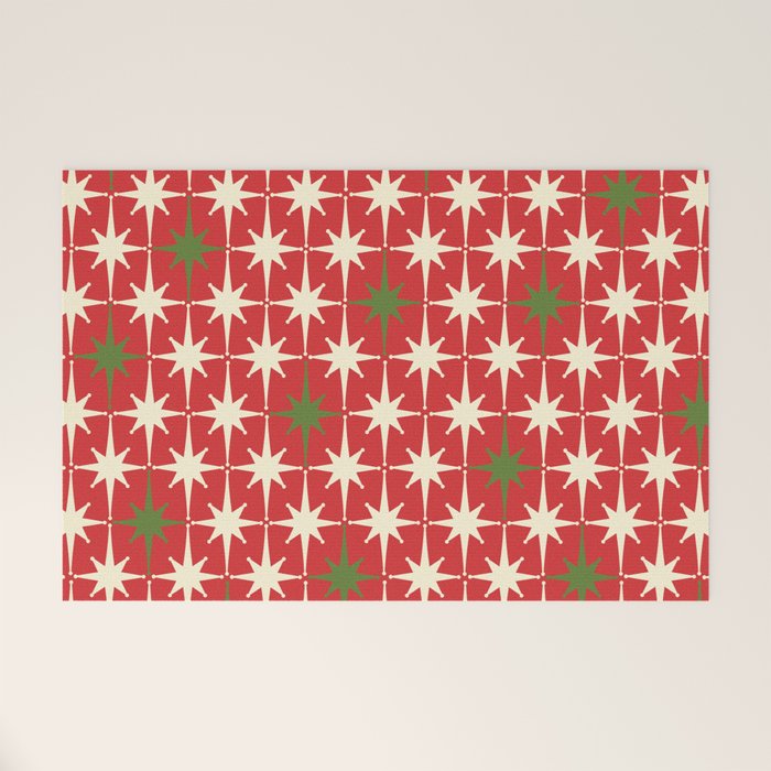Atomic Age Christmas Starbursts - Midcentury Modern Xmas Holiday Pattern Cream Green Red Welcome Mat Gallery Image 1