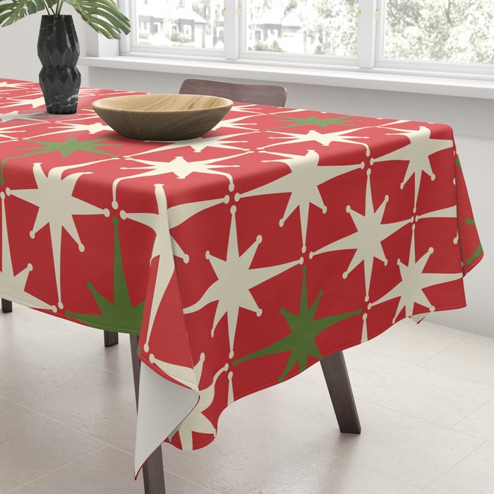 Atomic Age Christmas Starbursts - Midcentury Modern Xmas Holiday Pattern Cream Green Red Tablecloth Gallery Image 3