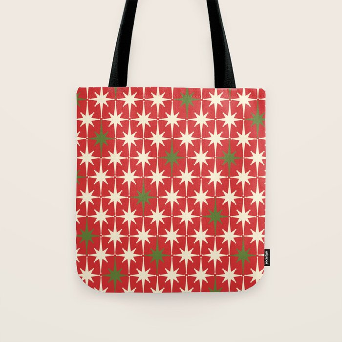 Atomic Age Christmas Starbursts - Midcentury Modern Xmas Holiday Pattern Cream Green Red Tote Bag Gallery Image 1