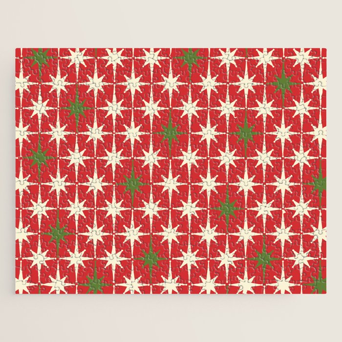 Atomic Age Christmas Starbursts - Midcentury Modern Xmas Holiday Pattern Cream Green Red Jigsaw Puzzle Gallery Image 1