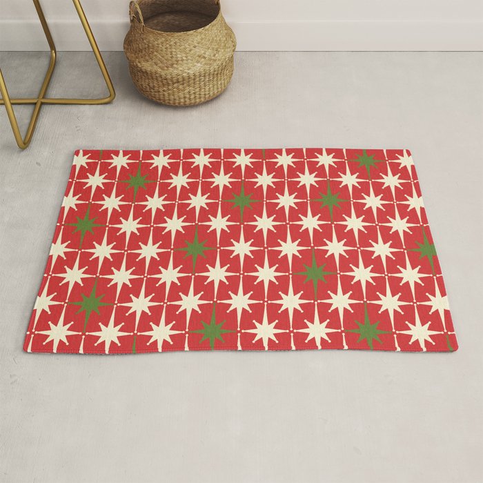Atomic Age Christmas Starbursts - Midcentury Modern Xmas Holiday Pattern Cream Green Red Rug Gallery Image 1