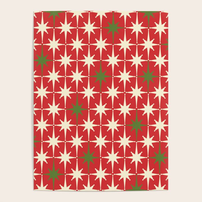 Atomic Age Christmas Starbursts - Midcentury Modern Xmas Holiday Pattern Cream Green Red Poster Gallery Image 4