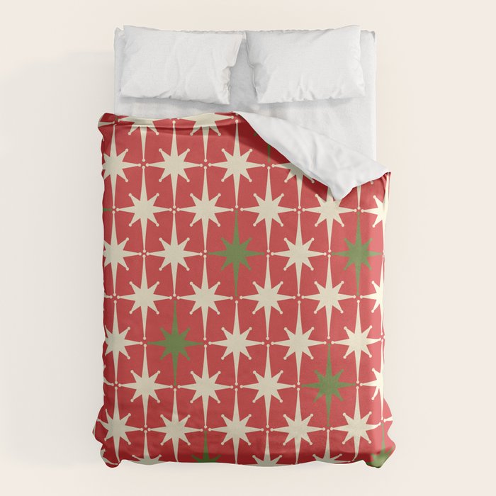 Atomic Age Christmas Starbursts - Midcentury Modern Xmas Holiday Pattern Cream Green Red Duvet Cover Gallery Image 6