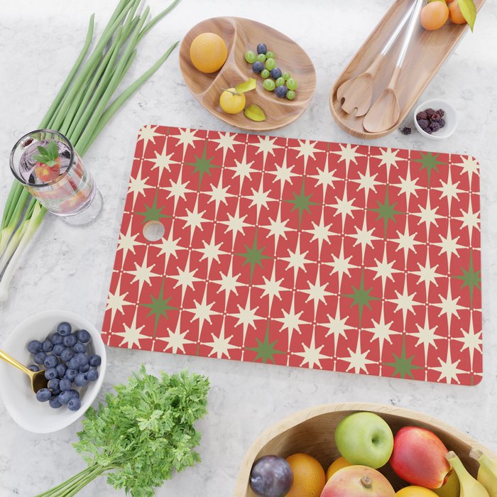 Atomic Age Christmas Starbursts - Midcentury Modern Xmas Holiday Pattern Cream Green Red Cutting Board Gallery Image 2
