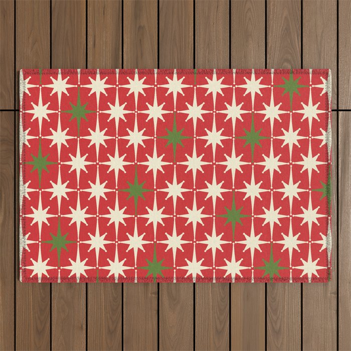 Atomic Age Christmas Starbursts - Midcentury Modern Xmas Holiday Pattern Cream Green Red Outdoor Rug Gallery Image 1
